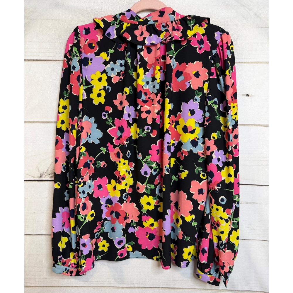 Kate Spade New York Floral Ruffle Tie Neck Blouse Black Multi Color Large Preppy - Picture 6 of 6